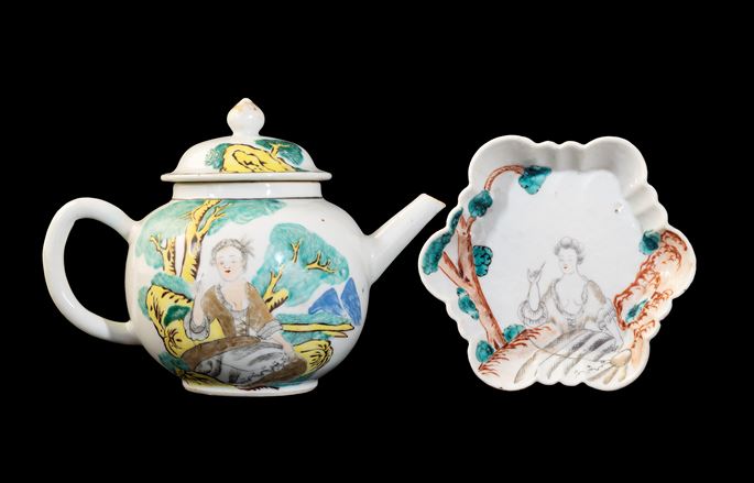 Chinese export porcelain famille rose teapot, cover and stand with European subject | MasterArt